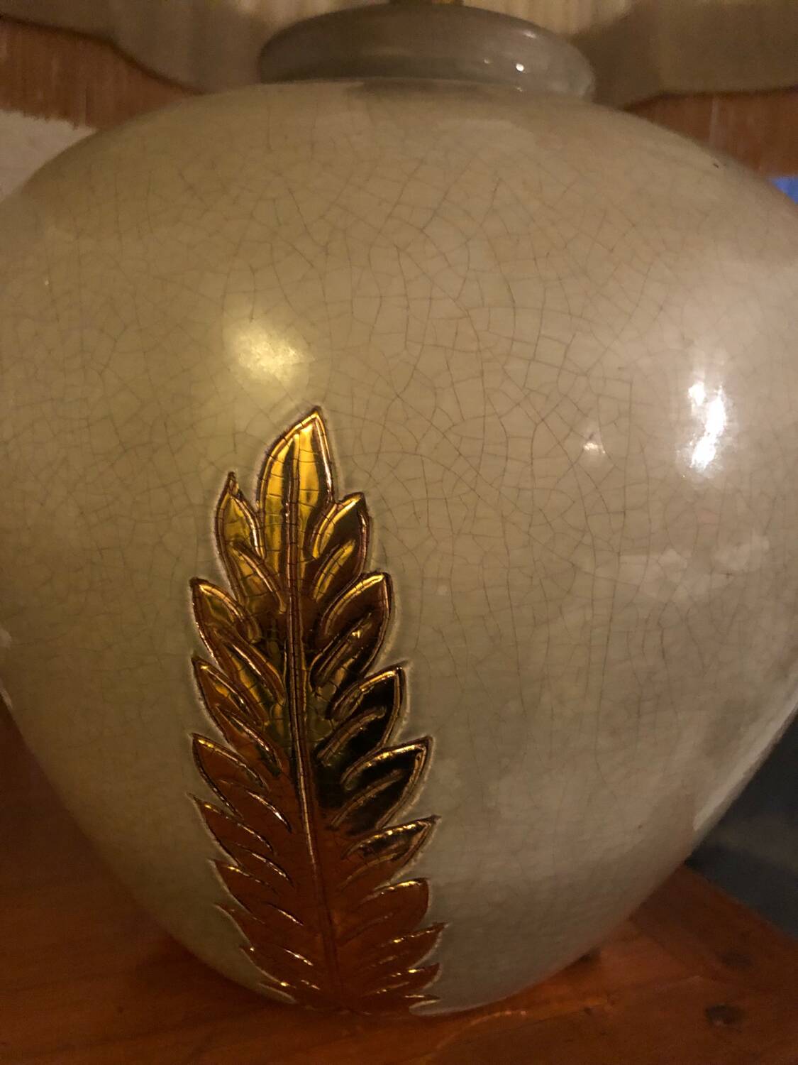 Grey glazed ceramic lamp with gold leaf by Louis Drimmer.