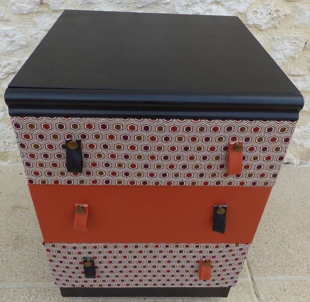 Vintage chest of drawers on wheels with three drawers in faux leather and fabric - Bouto
