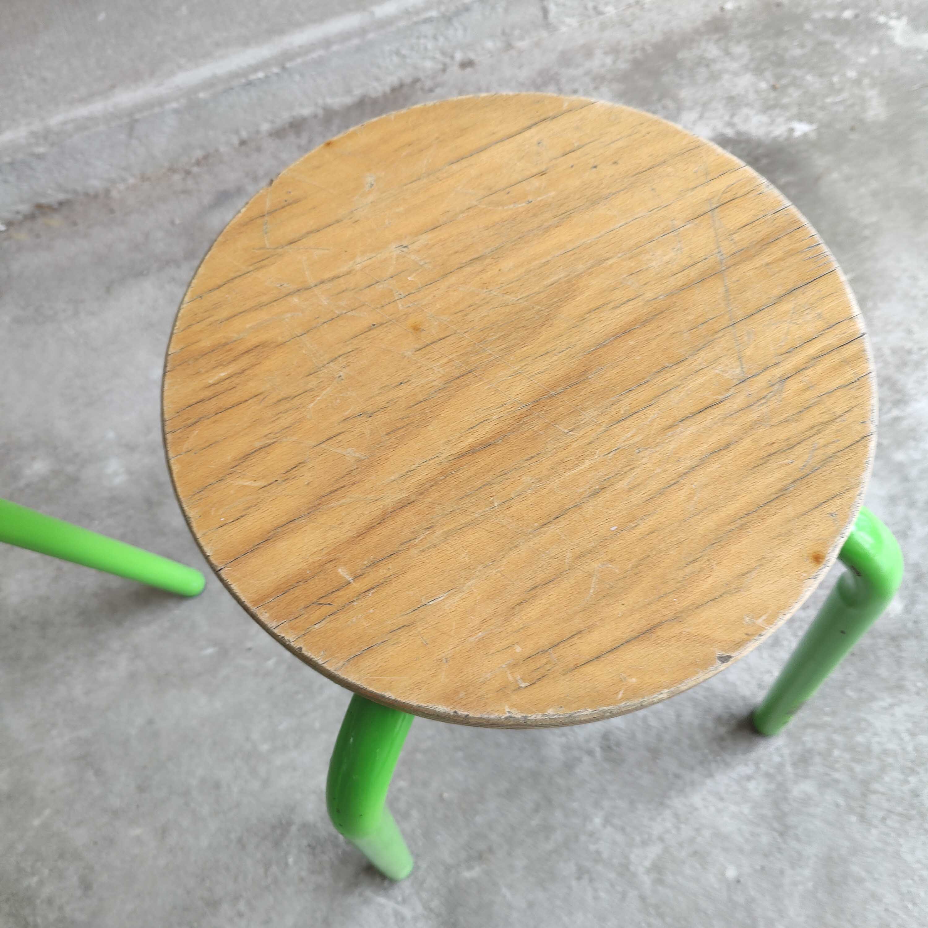 Set of 4 vintage green metal and wood stools