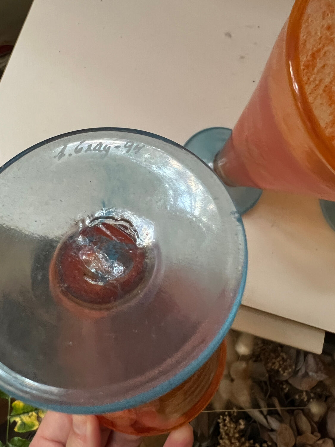 Set of 6 orange and blue vintage design stemmed glasses from the 1990s by A.GRAY.