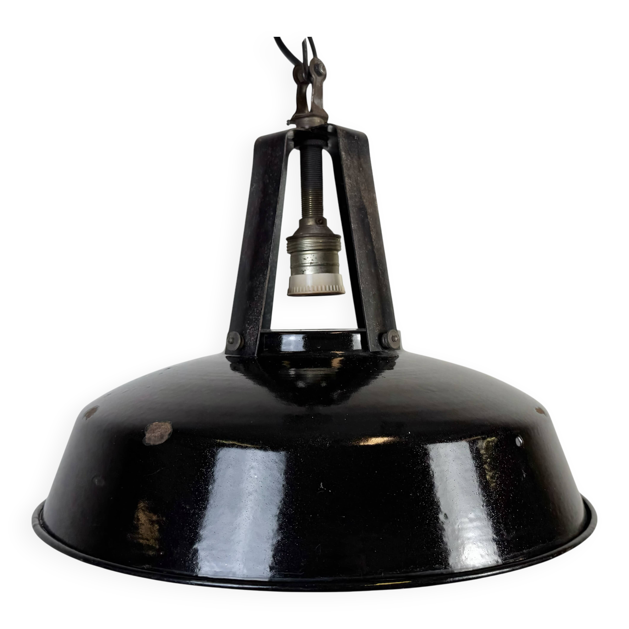Industrial french black enamel pendant lamp from mazda, 1960s