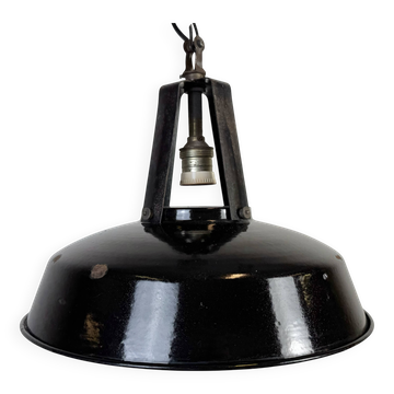 Lampe à suspension industrielle en émail noir français de mazda, années 1960