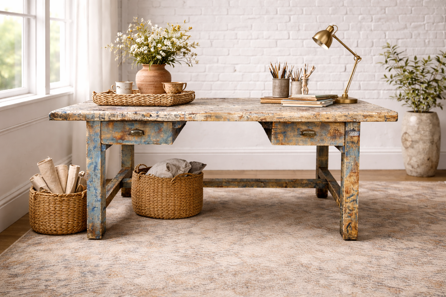 Blue patina beech drawer console table 1940