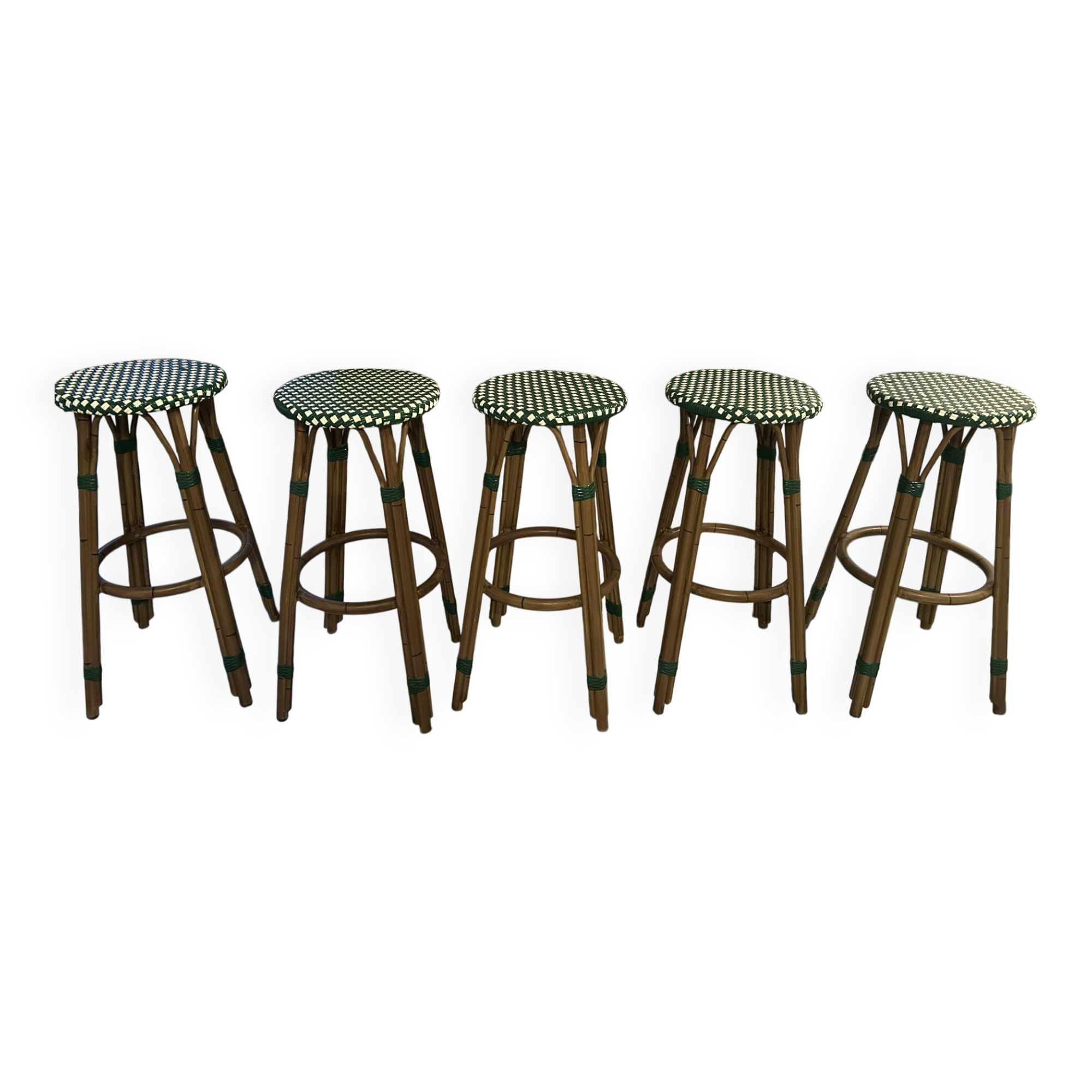 Set of 5 bistro-style bar stools in rattan and tr