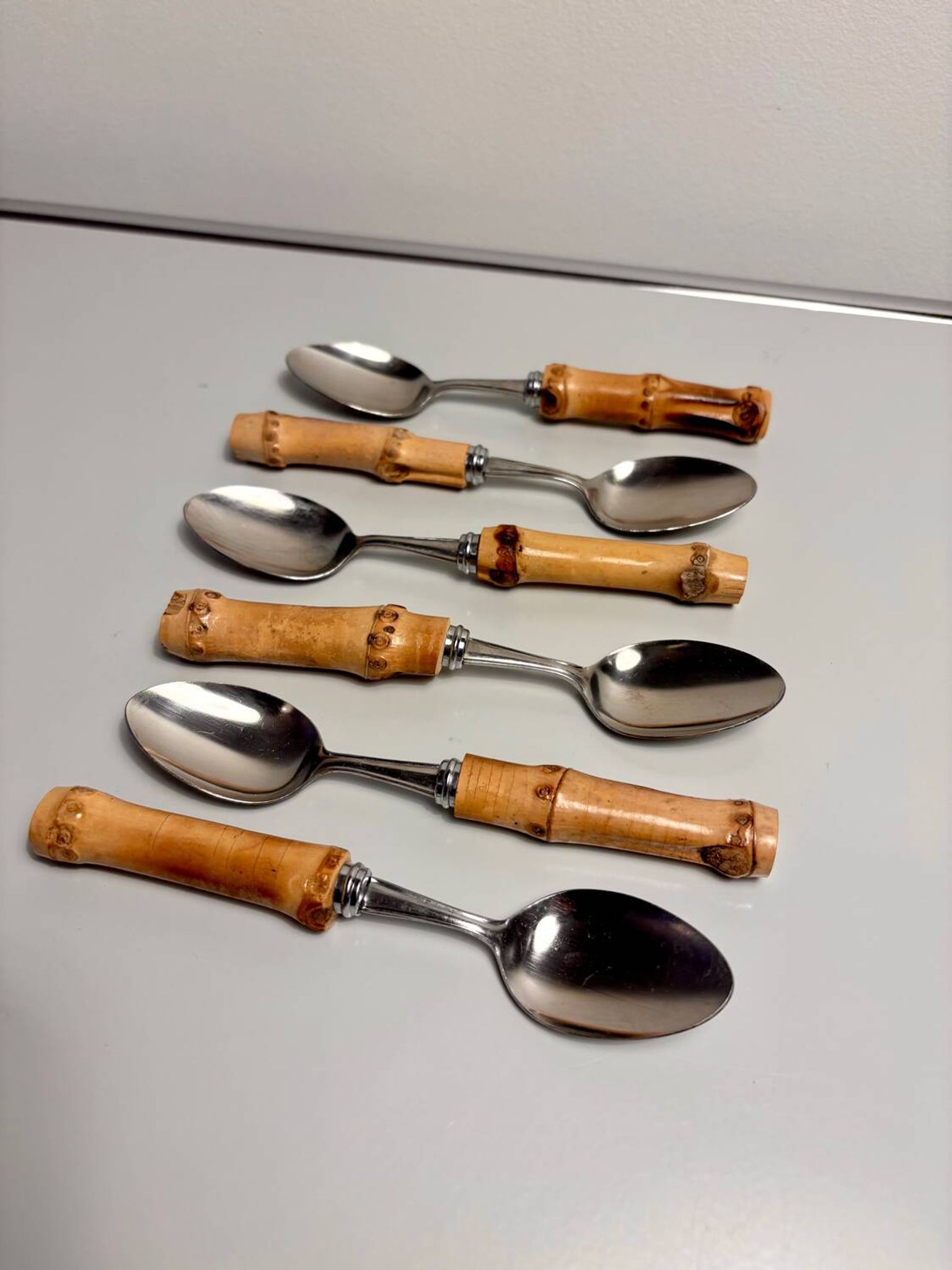 Lot de 6 cuillères à dessert vintage à manches bambou
