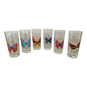 Orangeade Glasses Exotic Butterflies Reims France Vintage