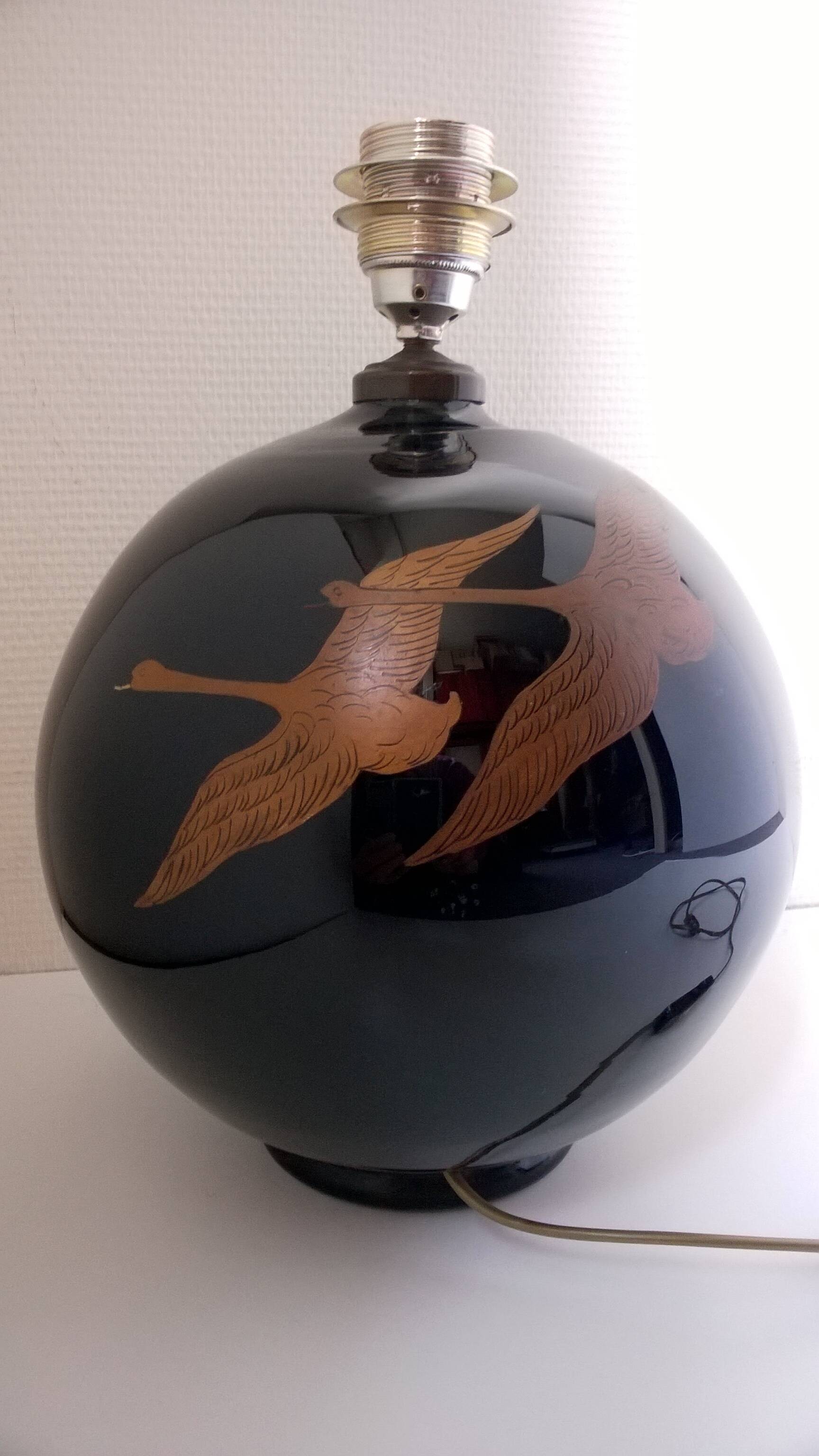 Hand-painted black opaline ball lamp base c.1930/40 Jacques Adnet style