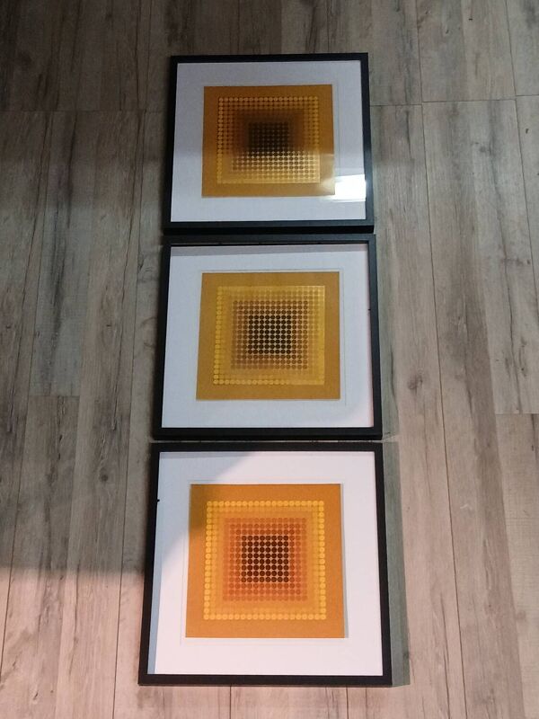 Triptyque Art Optique - 3 Tableaux Vintage - Victor Vasarely - Cadres