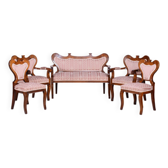 Ensemble de sièges restauré en chêne Biedermeier, noyer, construction stable, Autriche, années 1840