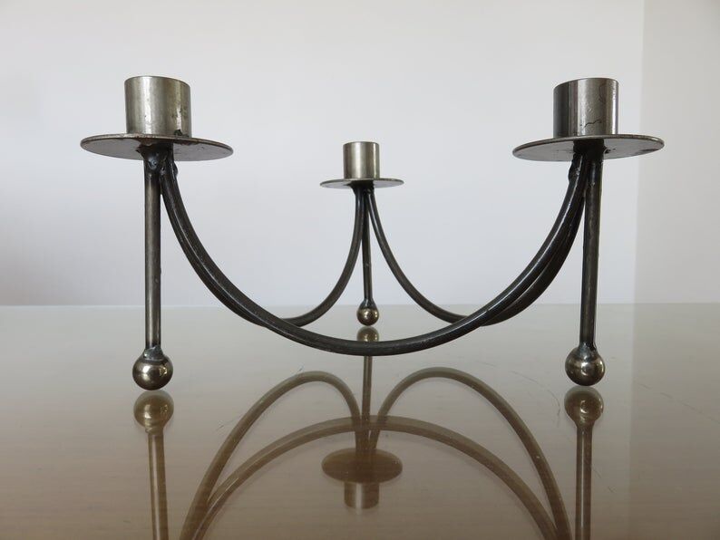 Tripod candlestick in crude steel for 3 candles 70s