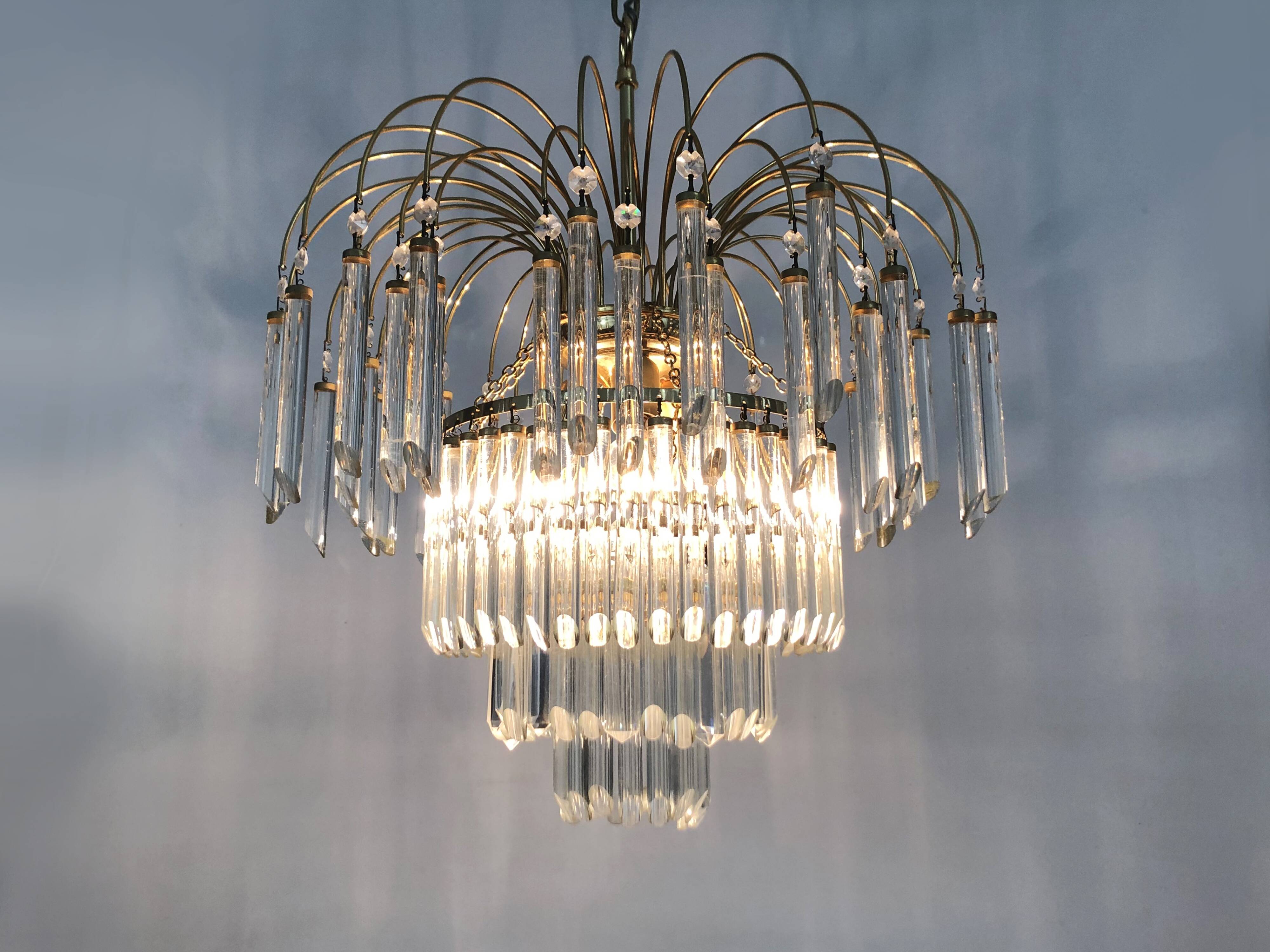 Large and old crown chandelier with pendants, 4 levels, 3 lights, 70s-80s