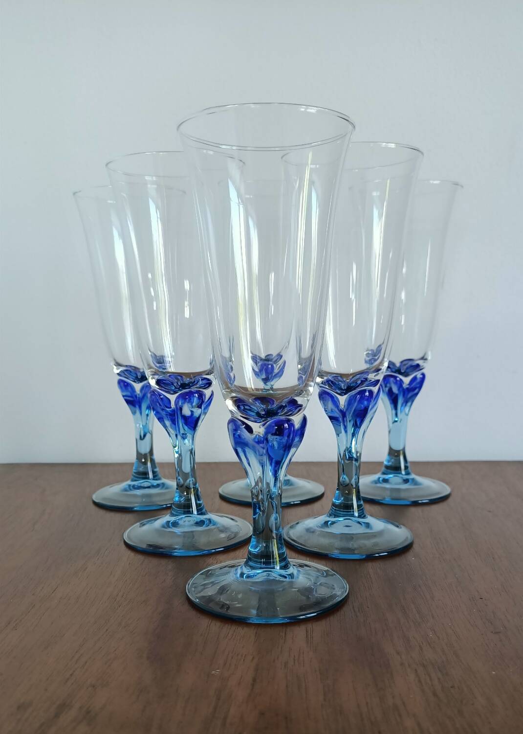 Luminarc champagne flutes from the 70s with blue stem