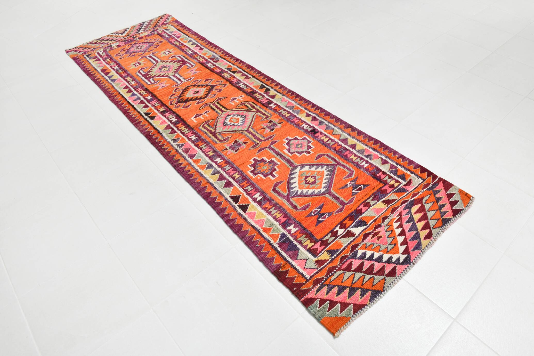 Burgundy & Orange Vintage Kilim Runner Rug, 92x292Cm
