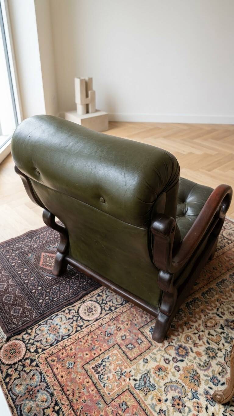 Vintage green leather tufted armchair - 1970s