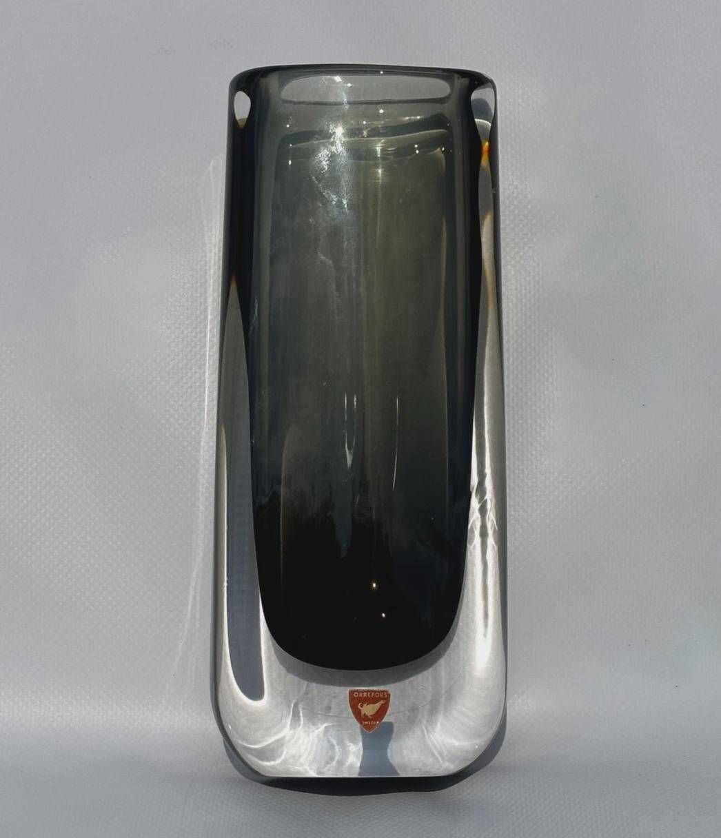 Nils Landberg for Orrefors smoky grey crystal vase, 1960s
