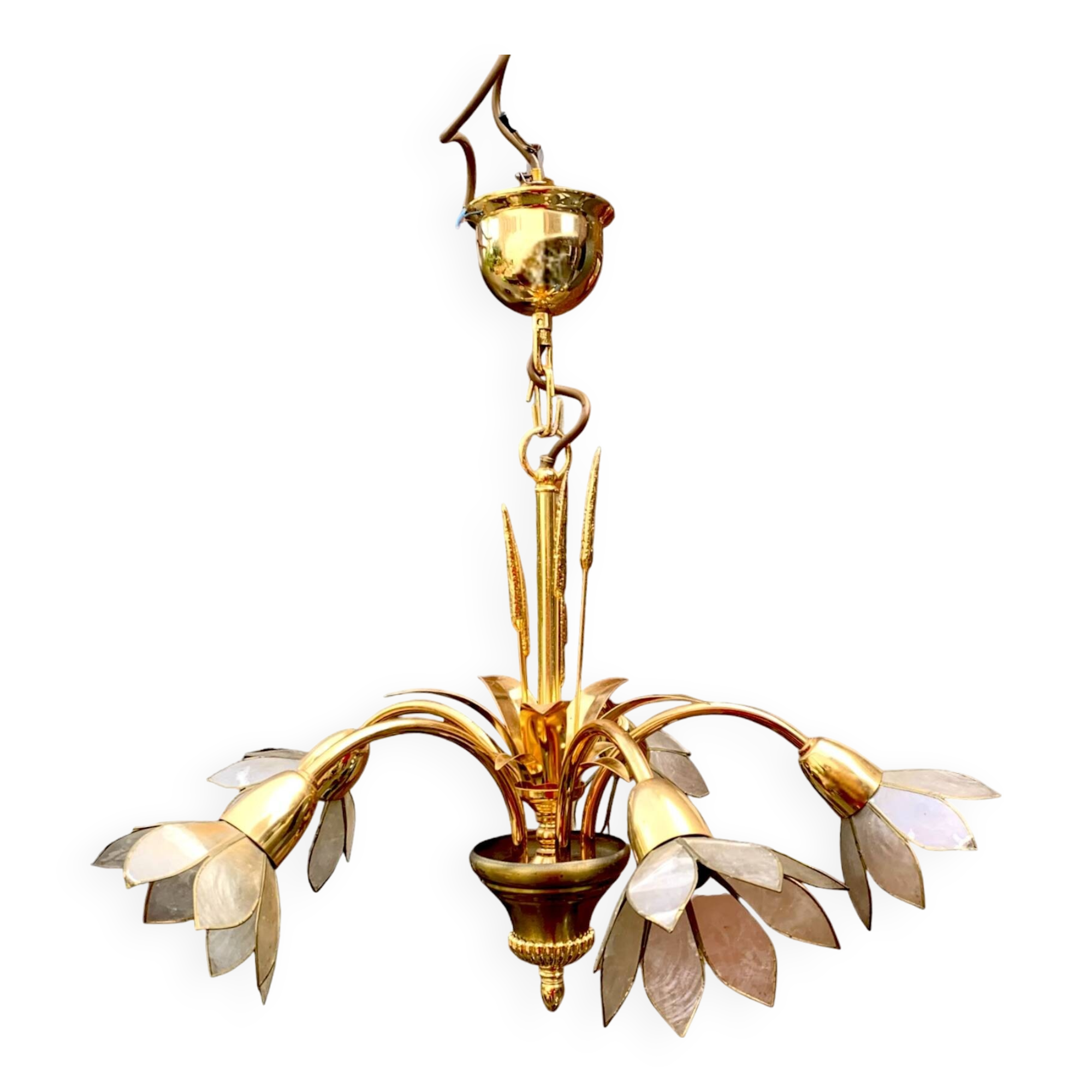 Vintage chandelier in gold metal and mother-of-pearl petals - 5 branches
