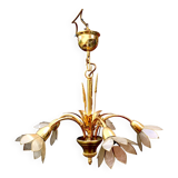 Vintage chandelier in gold metal and mother-of-pearl petals - 5 branches