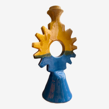 Sun candle holder in blue and mustard glazed terracotta
