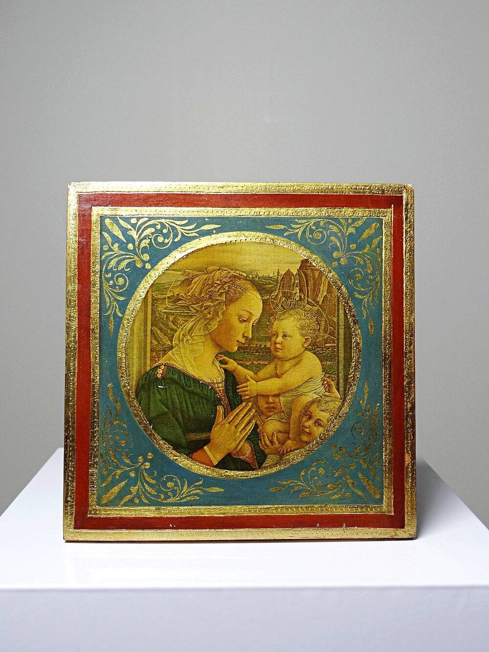 Small Florentine miniature painted wooden plaque "The Adoration" Virgin and Child