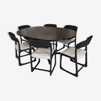 Table extensible et 6 chaises traîneau Baumann vintage années 1970