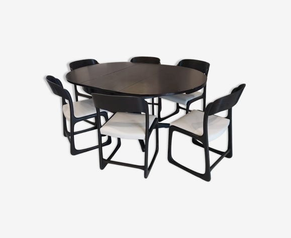Table extensible et 6 chaises traîneau Baumann vintage années 1970