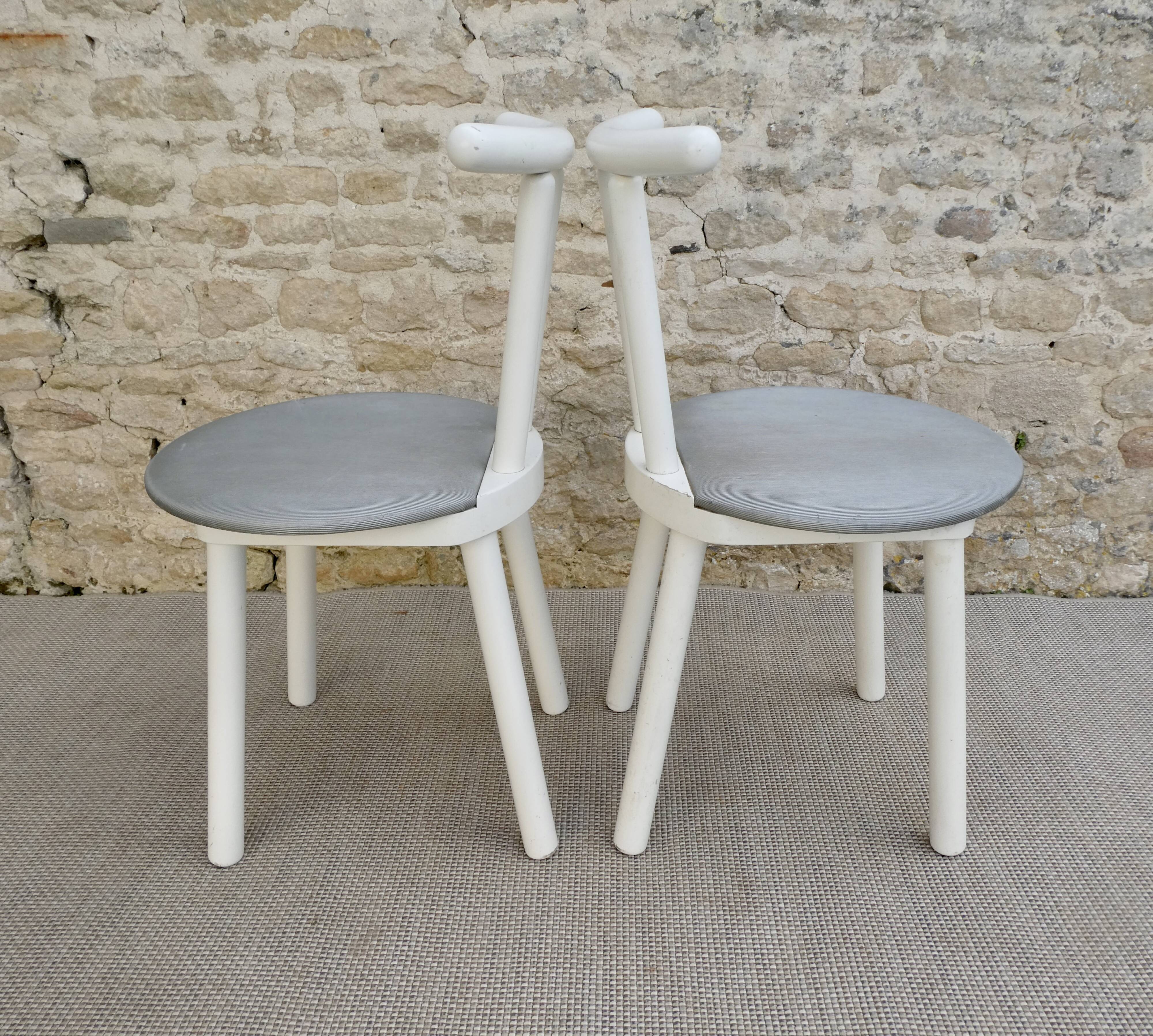 Pair of wooden and Skaï chairs from the 80s, Italy