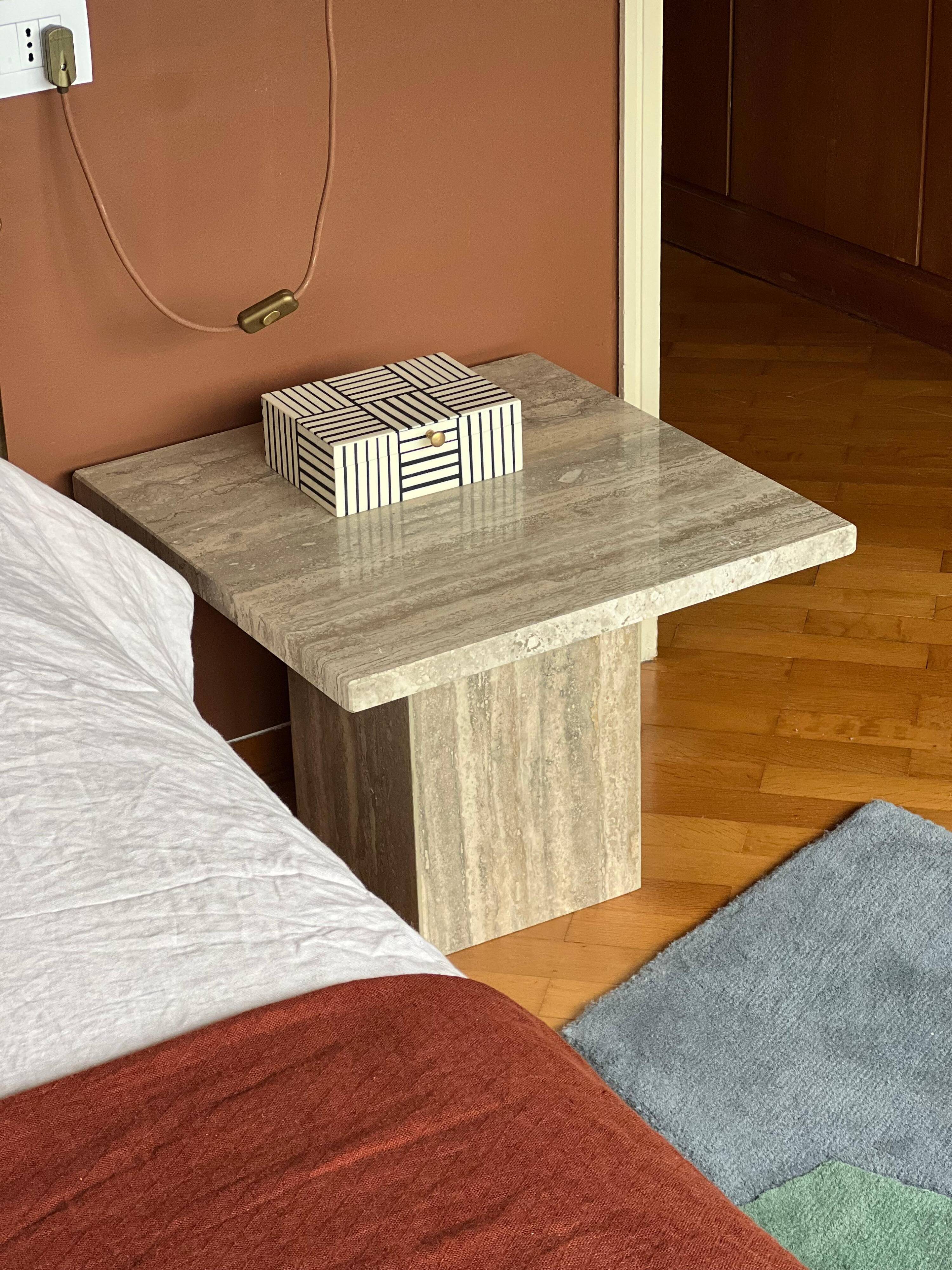 Set of Two Mid-Century Modern Side Tables in Travertine, Urban Wabi Style, Pair