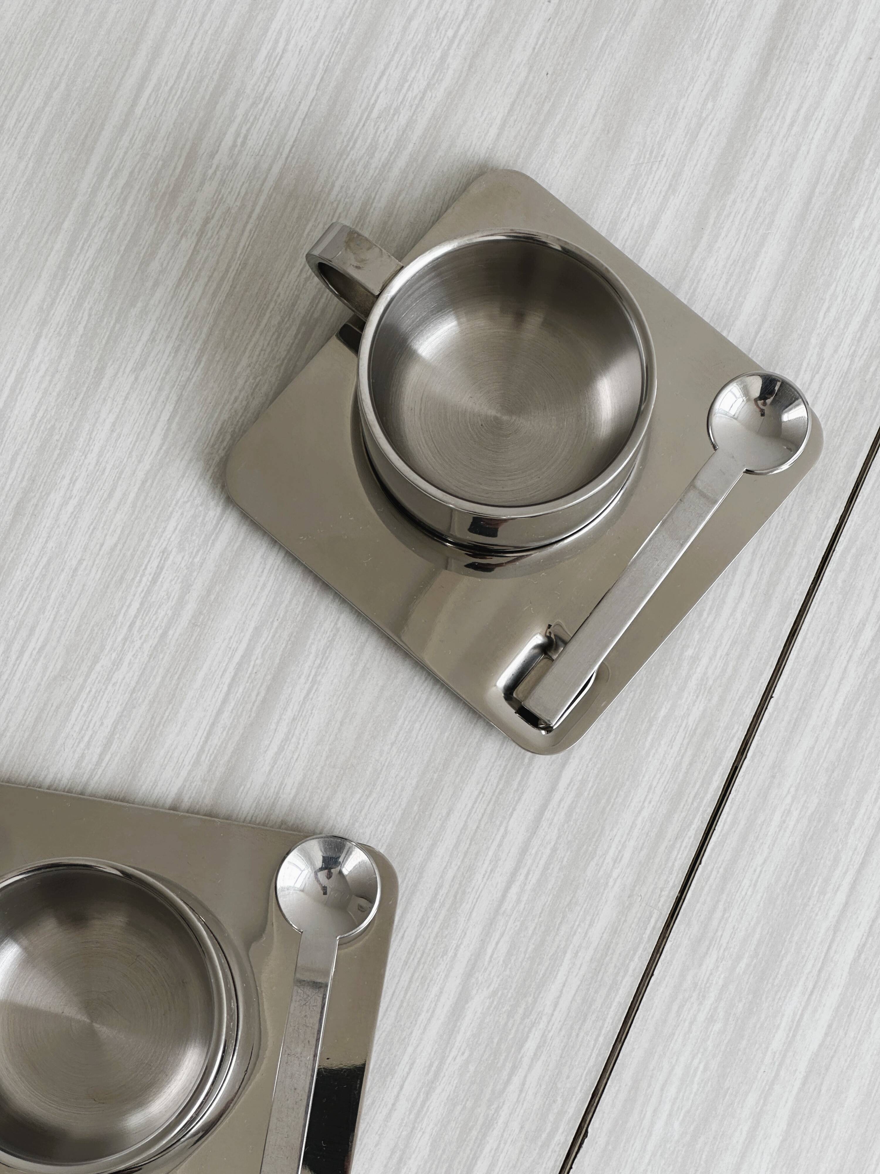 Designer stainless steel cups with tray and spoon