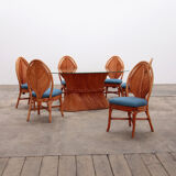 Bohemian bamboo mcguire dining table set with 6 palm leaf chairs, 1960 france.