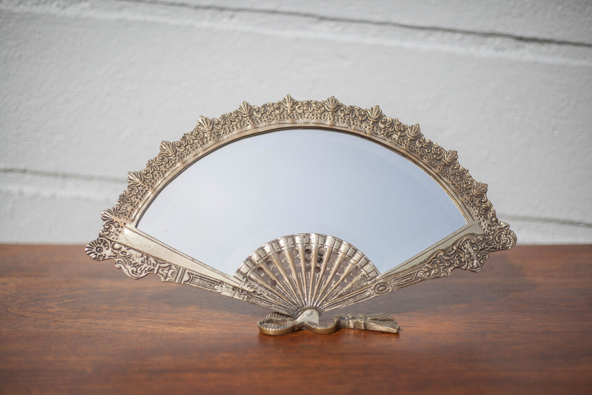 Patinated brass fan mirror, table mirror, courtesy mirror, beveled mirror, mirror to be installed