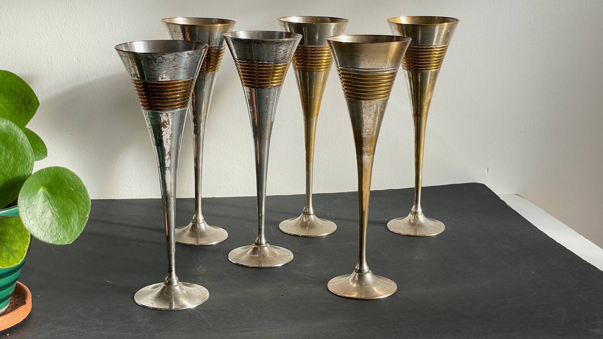 6 Vintage Silver-Plated Brass Champagne Flutes