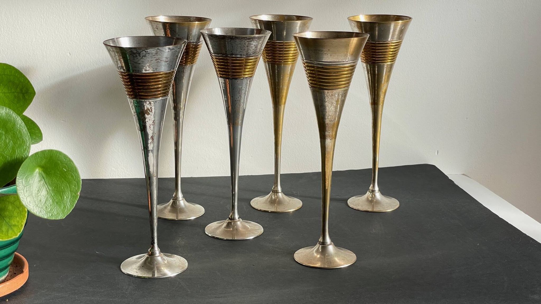 6 Flutes Champagne Laiton Argenté Vintage