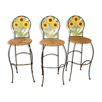 Set of 3 sunflower decorated bar stools