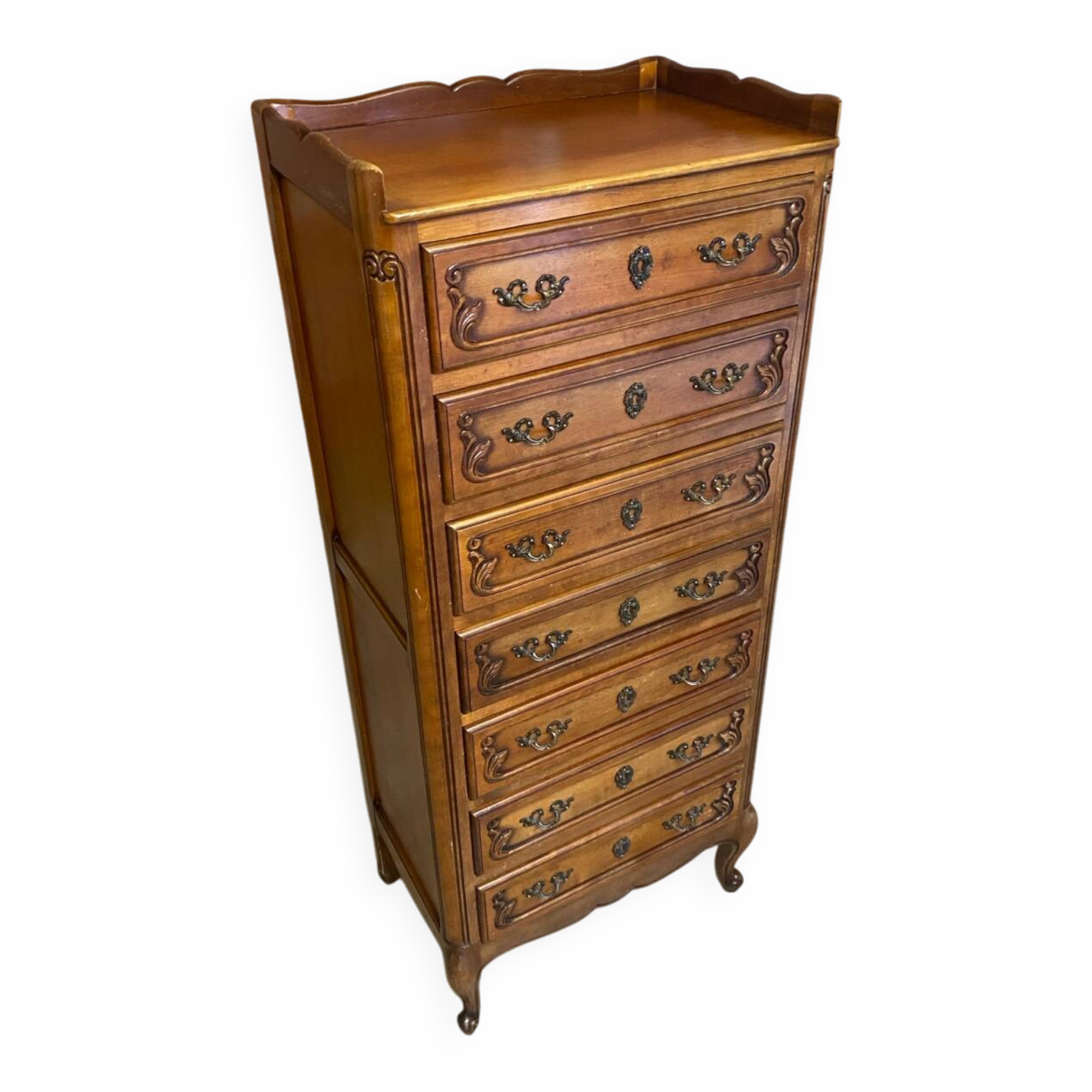 Antique louis xv style weekly chest wood 7 drawers & vintage metal handles