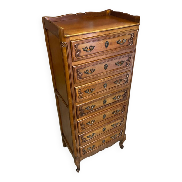 Semainier ancien style louis xv bois 7 tiroirs & poignées métal vintag