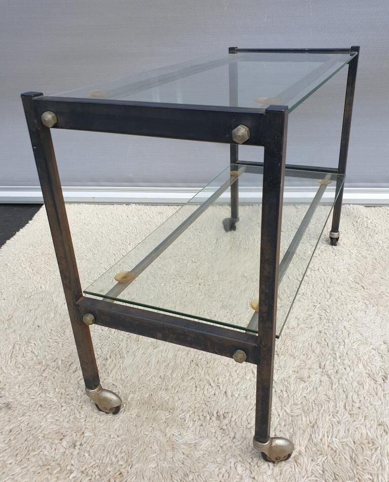 Table roulante vintage 1960 métal et verre