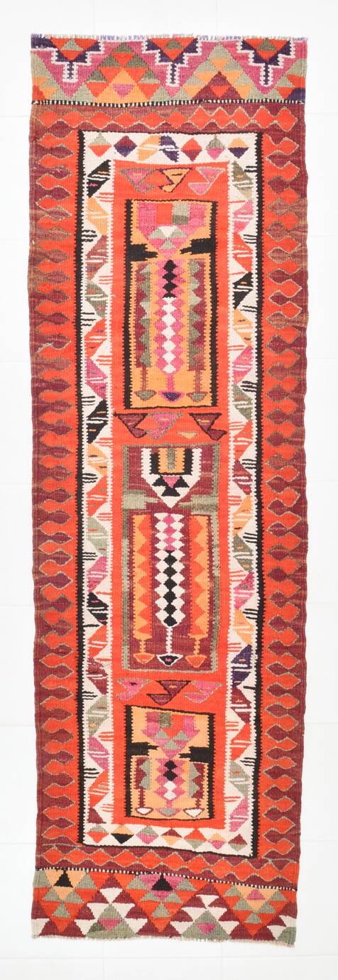 3x10 Kilim Pumpkin Orange Wool Runner Rug, 90x300Cm