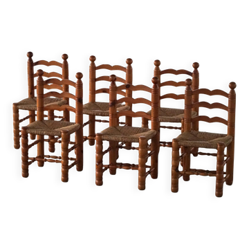 Set of 6 modern French brutalist chairs, Charles Dudouyt style, made in the 1960s.