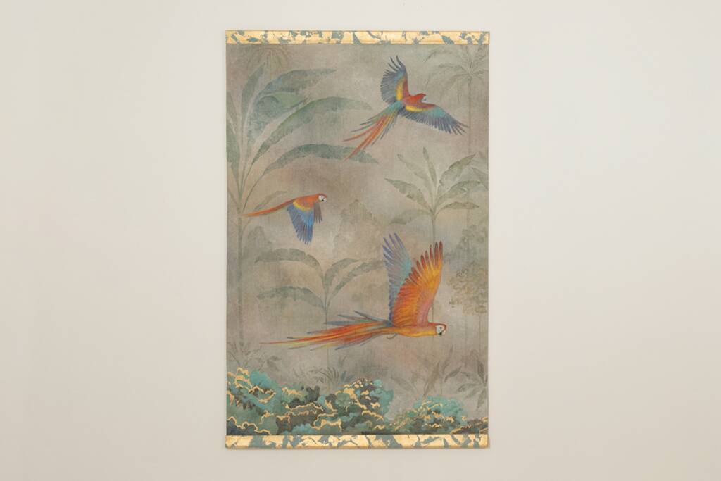 Painted canvas featuring parrots in a tropical forest. Contemporary.