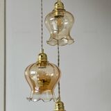 Triple vintage tulip pendant light in amber glass