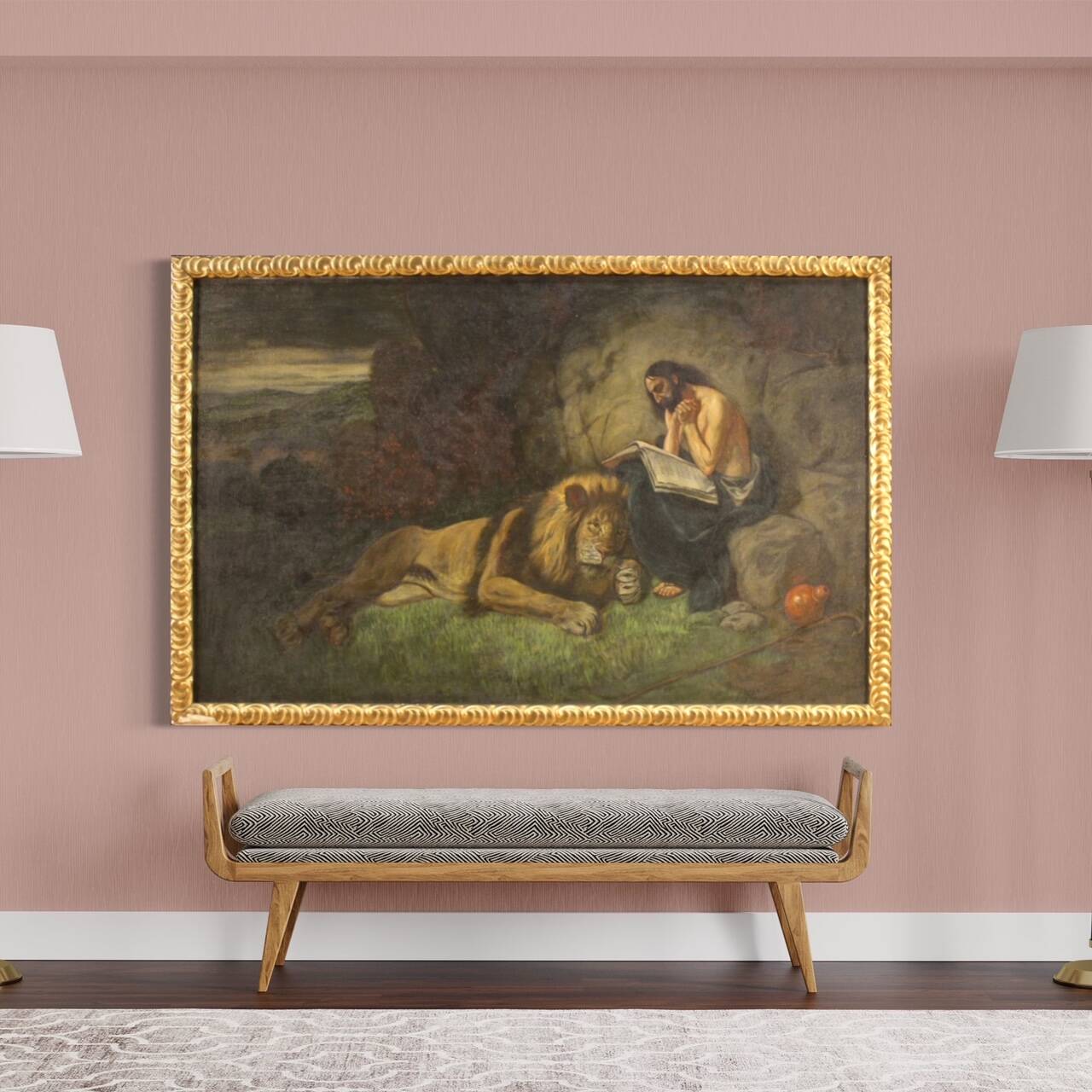 Tableau religieux italien représentant saint Jérôme avec un lion, datant du XXe siècle.