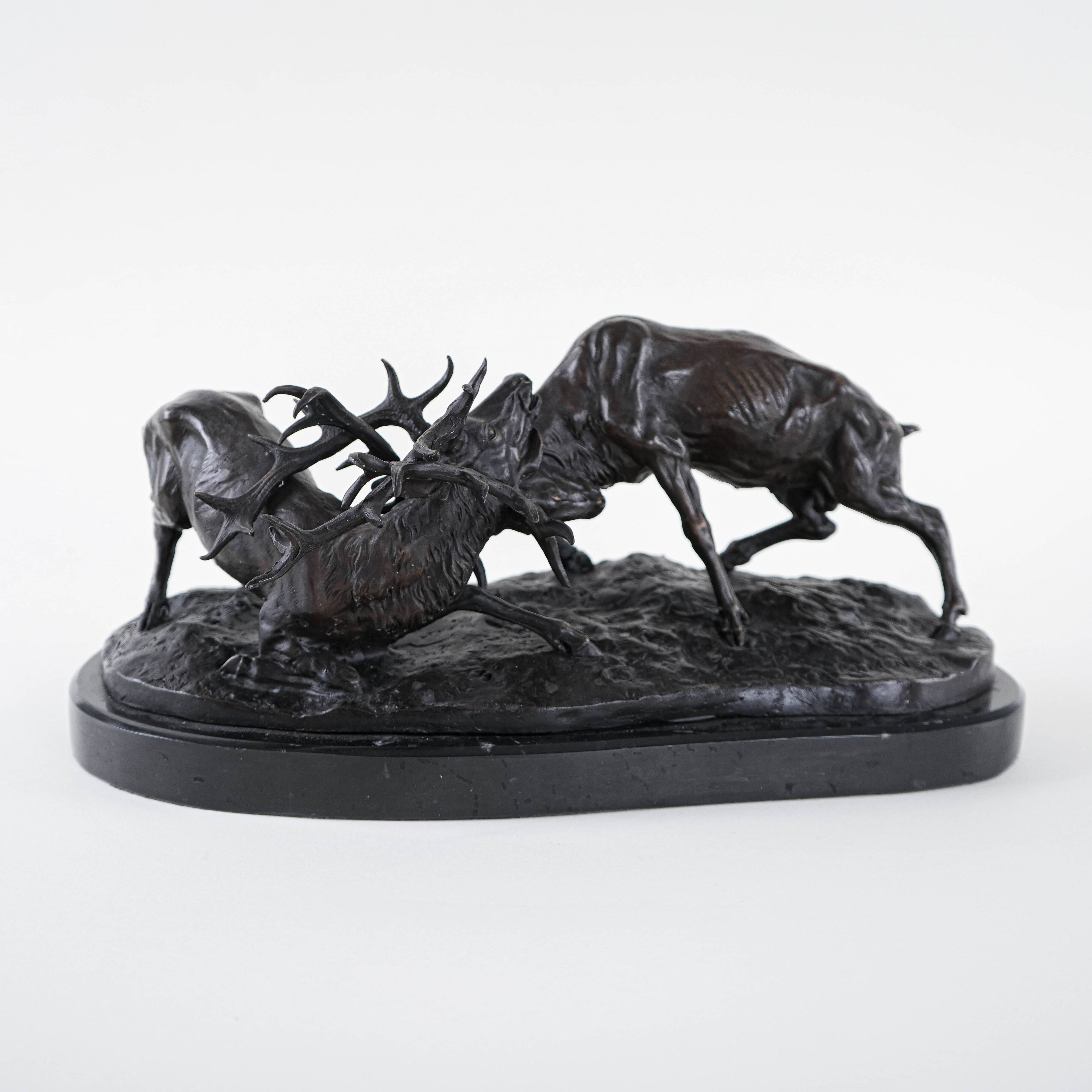Fighting stags bronze sculpture by Pierre-Jules Mêne French animalier art