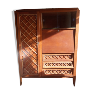 Meuble secrétaire vintage bois et rotin