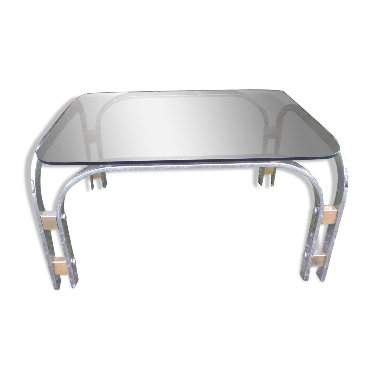 1970 chrome-shaped smoky glass coffee table