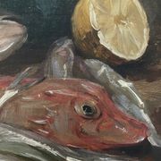 HST painting "Still Life with Fish" HST signed Nils II Forsberg