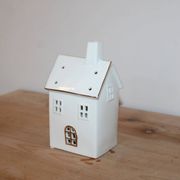 Photophore maison en céramique blanche et dorée – Décoration lumineuse de Noël