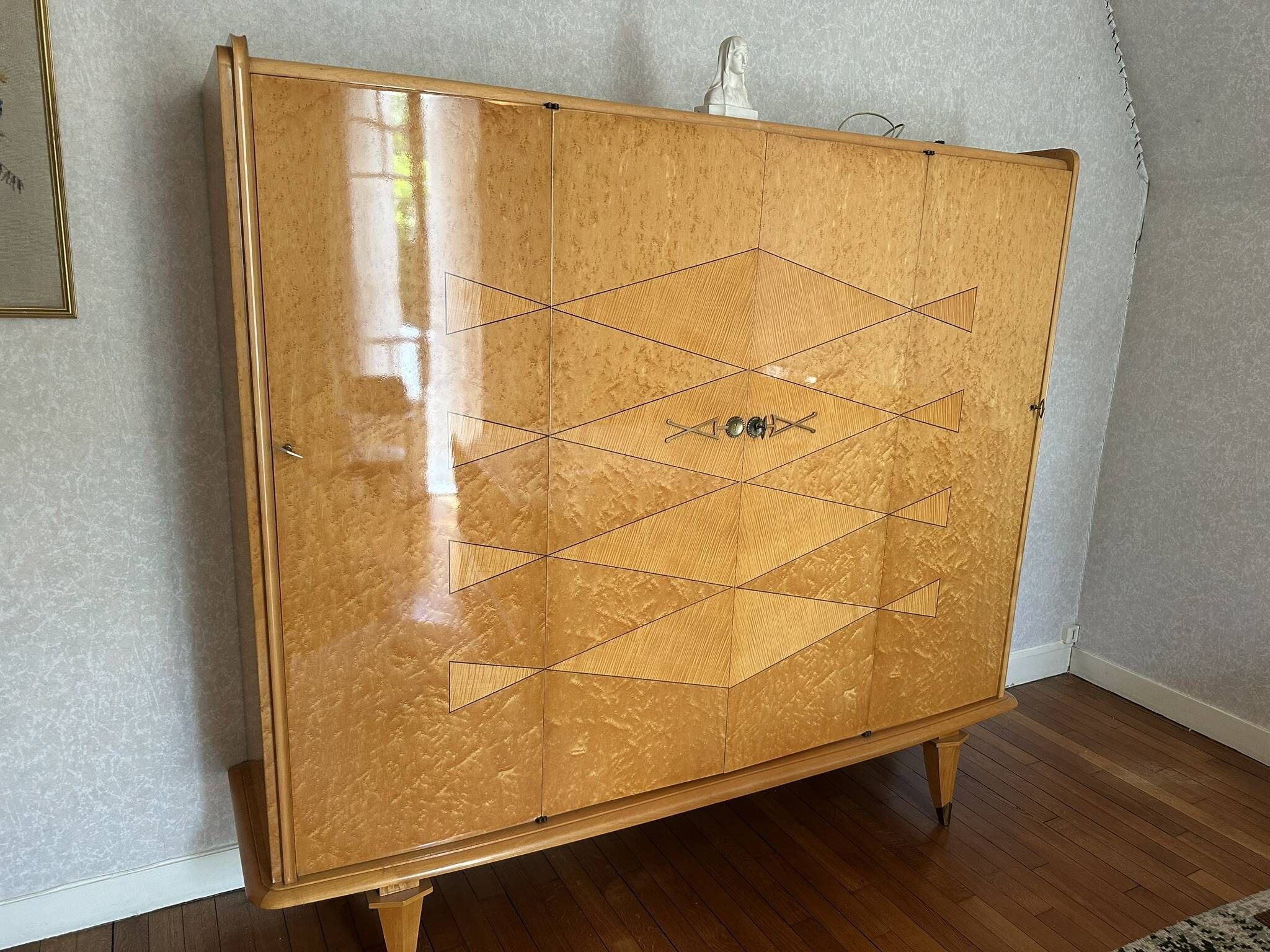 Vintage Art Deco Linen Cabinet / 1950s - Wood Burl and Mirror