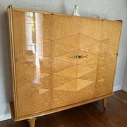Vintage Art Deco Linen Cabinet / 1950s - Wood Burl and Mirror