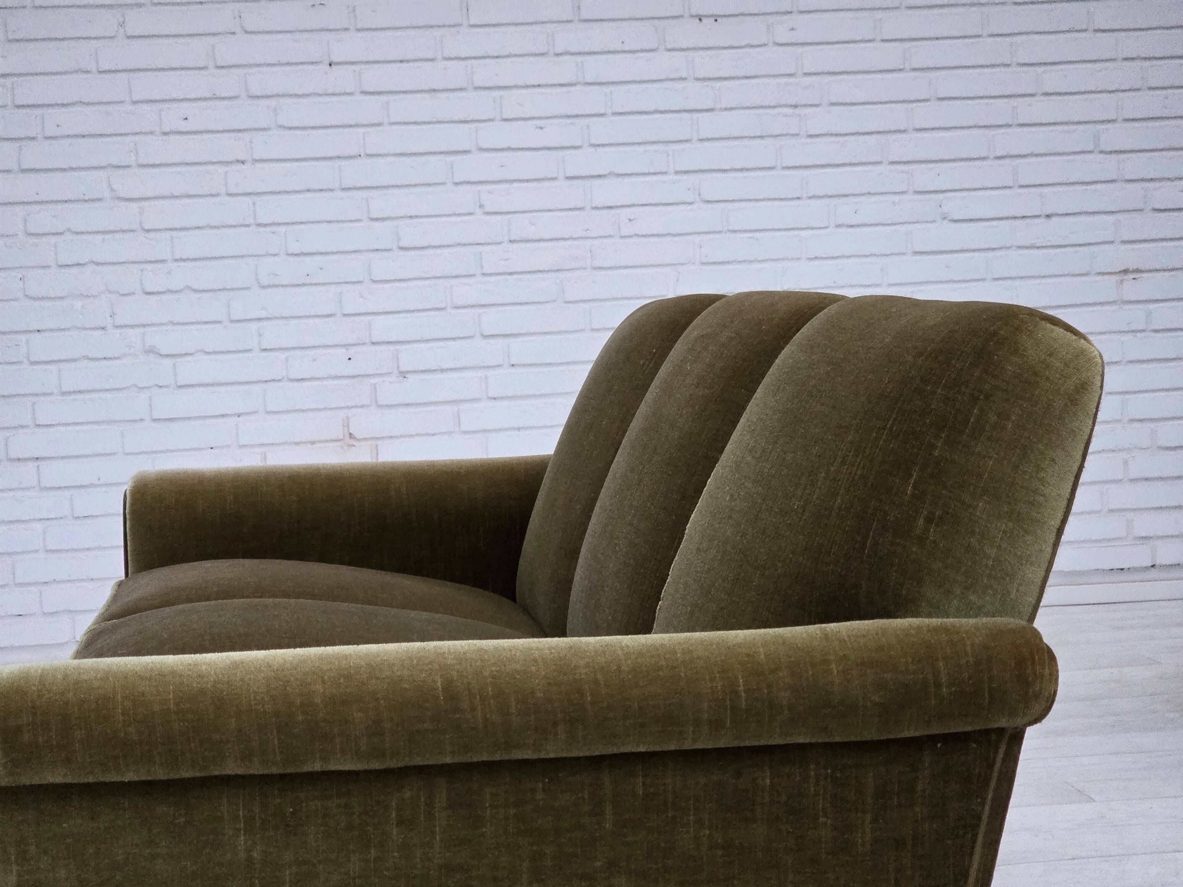 1970s, Danish 3-seater sofa, green furniture velour, teak wood legs.