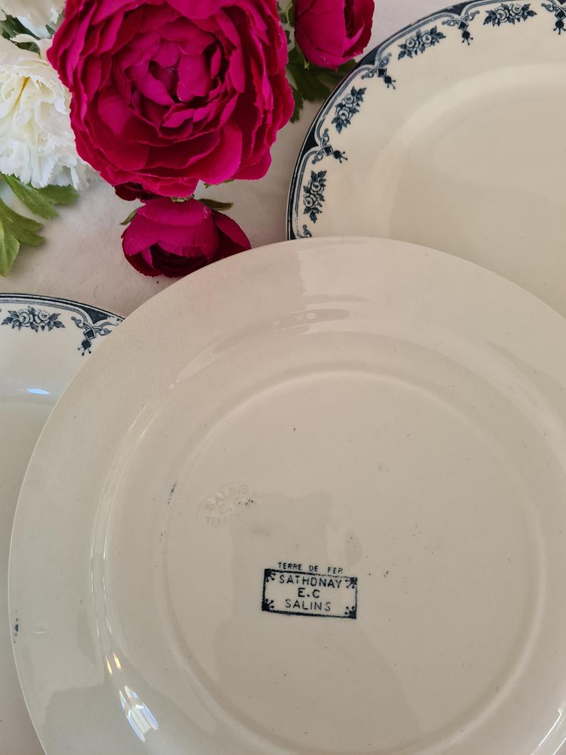 6 assiettes plates anciennes en terre de fer modèle "Sathonay" de la manufacture francaise de Salin